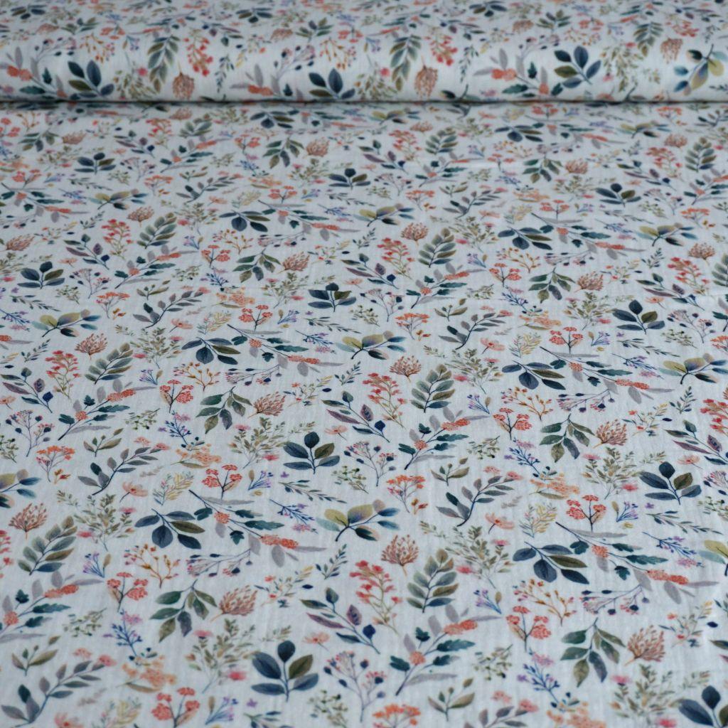 Musselin Double Gauze Zweige Grüntöne orange ecru